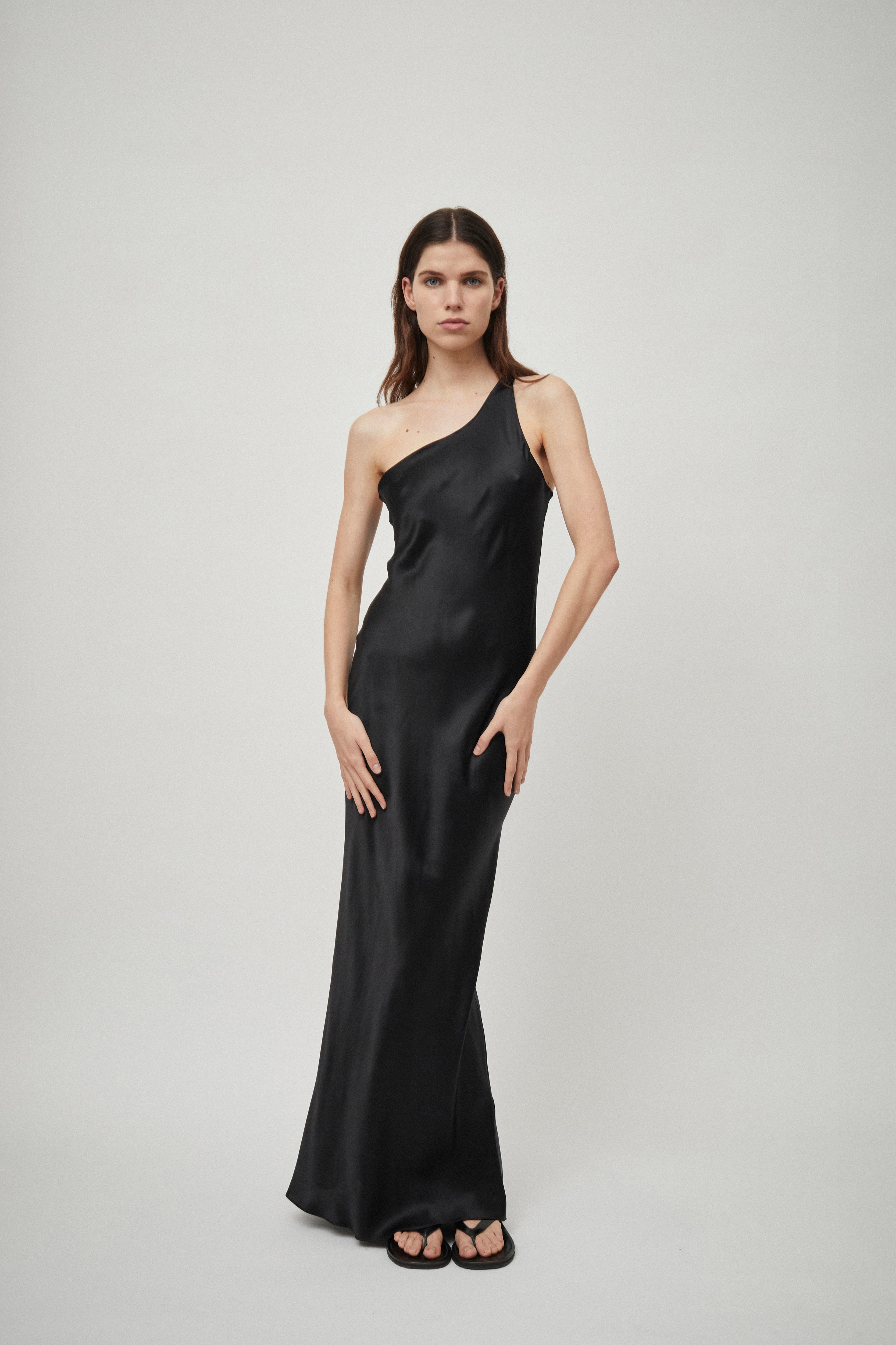 BEARE PARK | Silk Satin One Shoulder Tank Dress Black